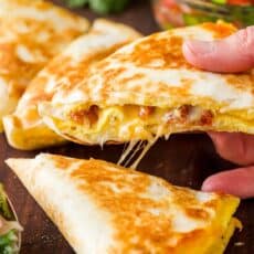 Breakfast quesadilla with cheese pull