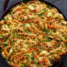 Chicken Chow Mein recipe in skillet with noodles, vegetables and homemade chow mein sauce