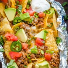 foil pack baked nachos with nacho toppings