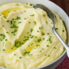 Creamy garlic mashed potatoes in serving bowl