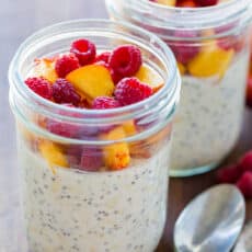 Overnight oats served in mason jars with fruit