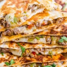 Philly Cheesesteak Quesadillas cut and stacked