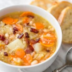 This sauerkraut soup is a most unusual and delicious soup. The sauerkraut gives it a lovely texture and zing. It's hearty, filling and will warm your belly | natashaskitchen.com