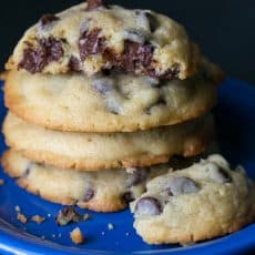 These chocolate chip cookies stay soft for days. Chocolatey good and not overly sweet. The BEST soft chocolate chip cookies recipe.