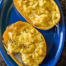 Baked spaghetti squash served on a platter