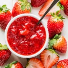 There is no rival for homemade strawberry sauce. It has just 3 ingredients and this is the easiest strawberry sauce recipe. This strawberry sauce is completely wonderful over ice cream, pancakes, waffles, pie, cheesecake, this trifle, you name it! Excellent homemade strawberry topping!