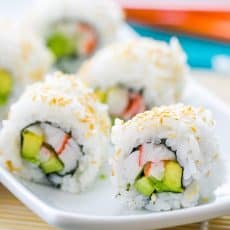 A close up of a plate of California Sushi Rolls