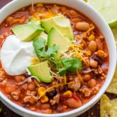 This turkey chili recipe has been on the regular rotation at our house for years. It is hearty, meaty, and so easy! This chili can be made in 30 minutes on the stovetop or as a crockpot turkey chili. 